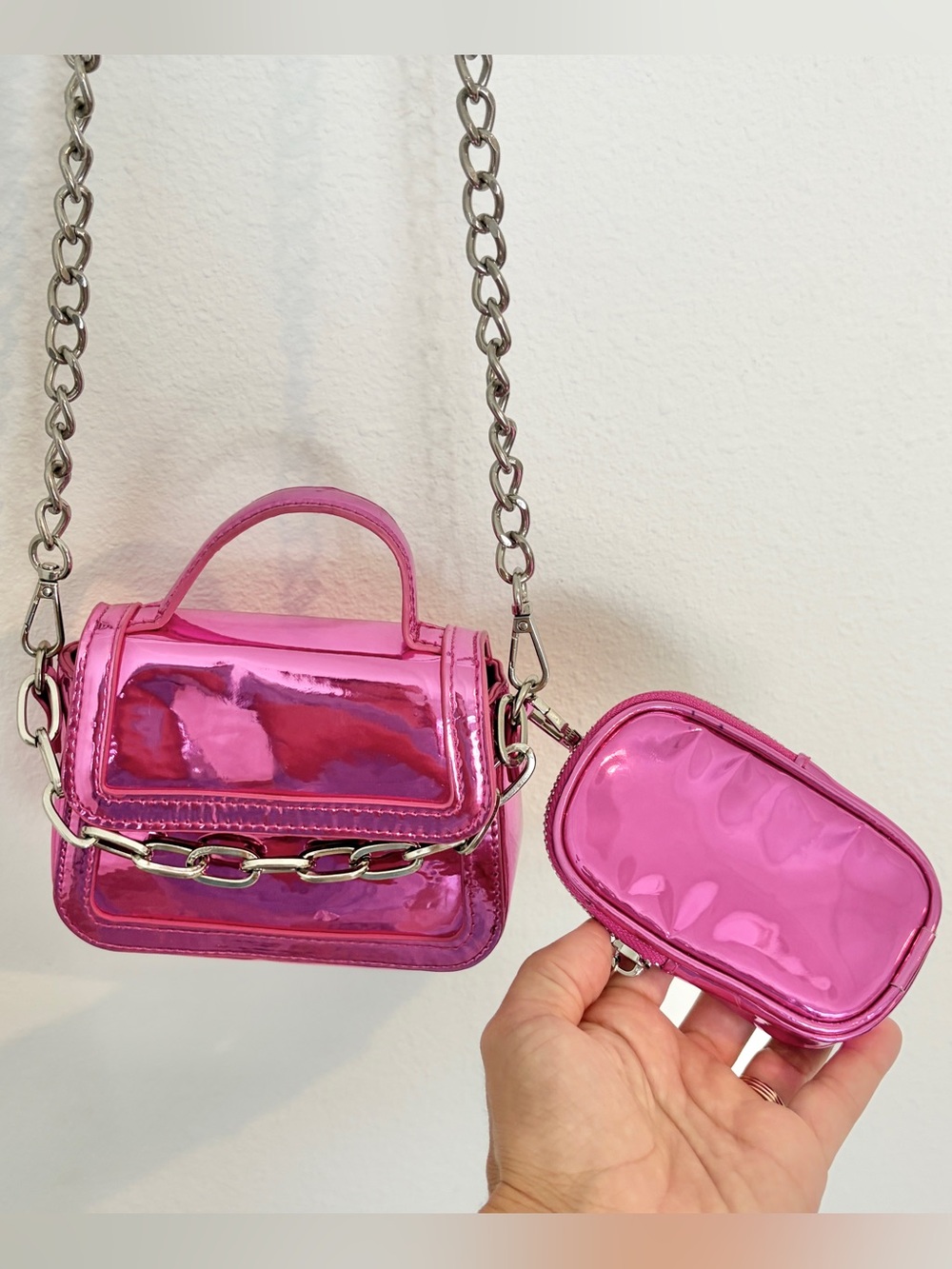 Madden Girl Metallic Pink Mini Crossbody Bag Set W/ Chain Accent and Coin Pouch